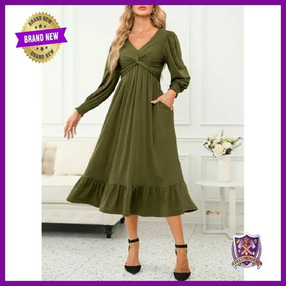 Wrap V-Neck Long Sleeve Empire Waist Midi Dress with Pockets - Picture 4 of 8